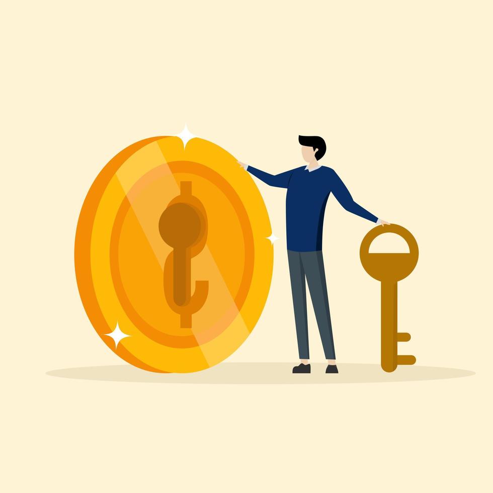 smart businessman investor holding big golden key to open coin keyhole, unlock secret gift for investment opportunity, wealth solution to make money and earn profit concept, Financial key success, vector