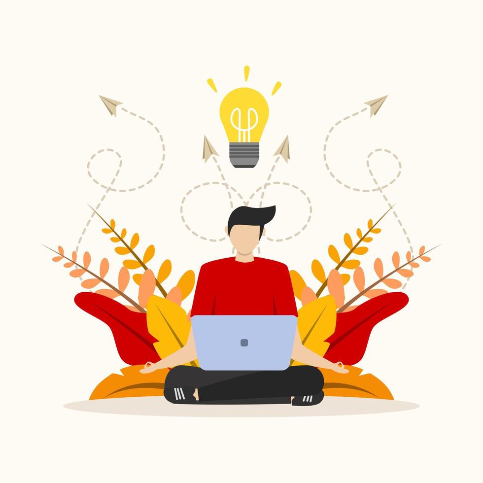 Vector illustration, relaxing and working meditation concept, health benefits for body, mind and emotions, lotus position, thought process, young character meditating at home or office. flat design