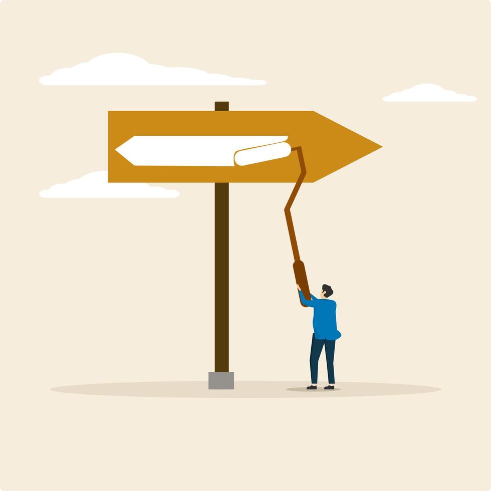 businessman paints arrows anticlockwise on arrowheads. opposite direction, conflict or reverse direction, career path concept, hesitating business decision to turn into a better opportunity. vector