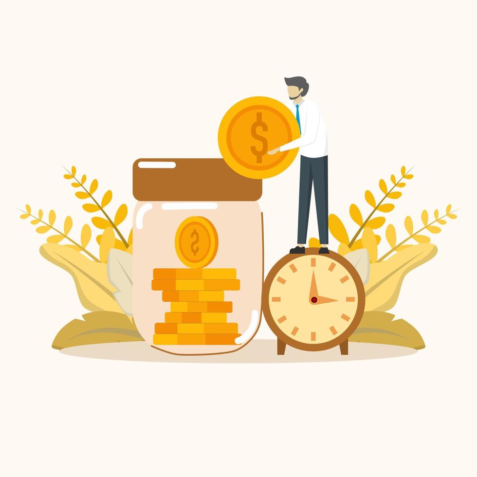 Businessman standing on clock putting more dollar coins in his savings. compound interest or investment growth, Investment or long term saving for retirement fund, tax time reminder concept. vector