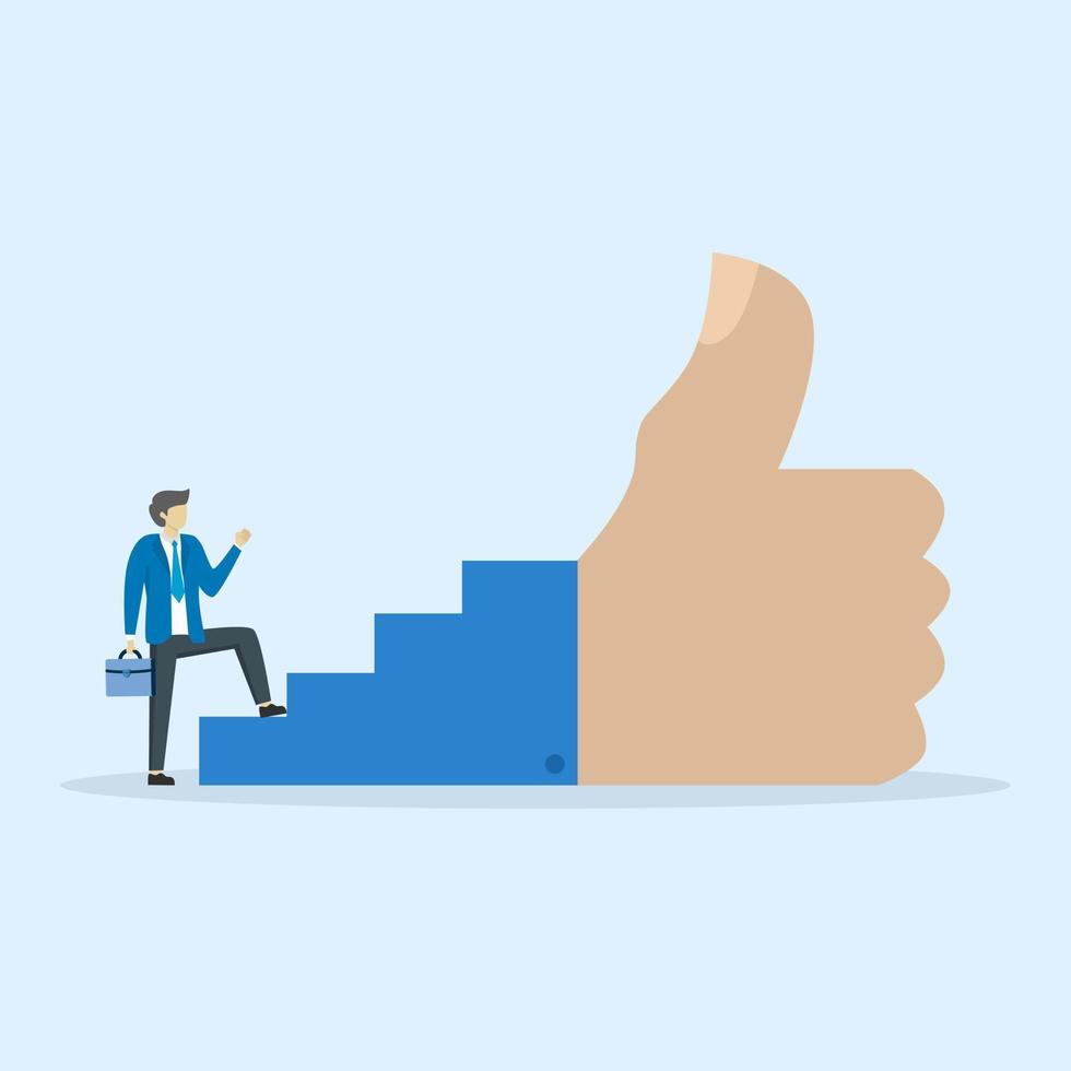 businessman climbing ladder for thumbs up or stages of success, self-improvement or career development, concept of steps to success and achievement of goals, success steps to achieve work performance vector