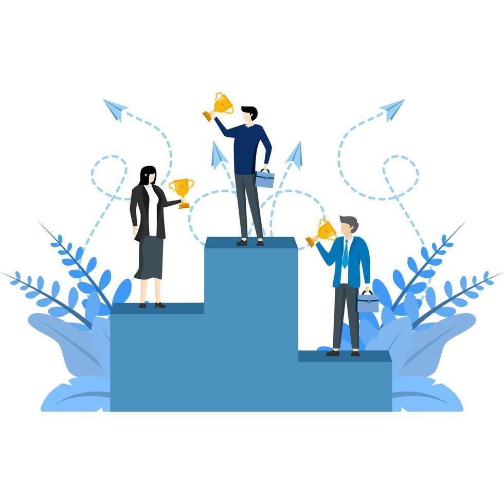 happy businessman having winner, leadership qualities in creative team, successful career, direction to successful path, building trophy vector flat modern design illustration