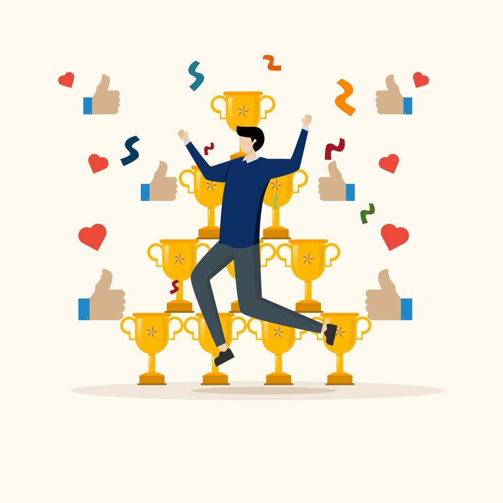 congrats, happy successful businessman with thumbs up, Reward high performance employees, good job or praise successful staff, awards or applause, trophies stacked. vector