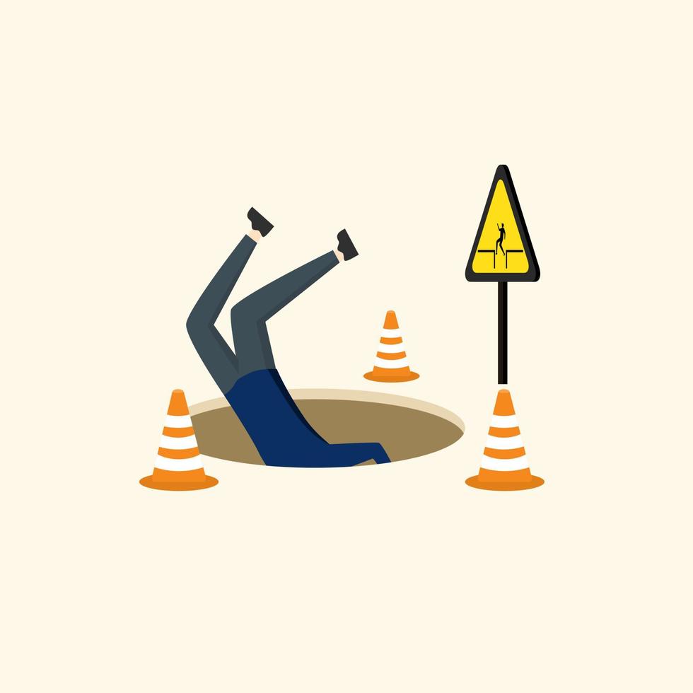 businessman fell into a hole. Failure or mistake leads to disaster despair, business hazard or accident, trouble, trouble or risk from crisis or recession, loss or trap concept. vector