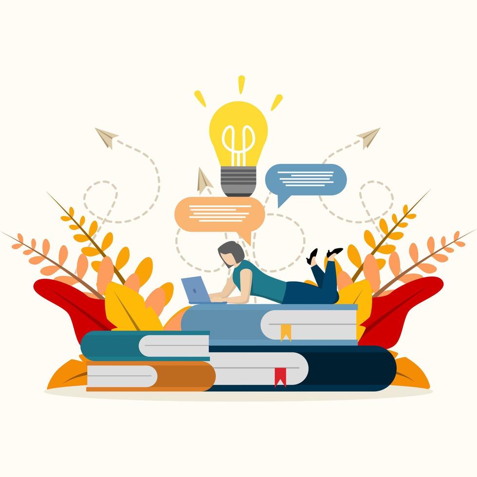 Vector cartoon illustration of a girl lying on a pile of books with a laptop. Illustration of earning, distance learning and self-education concept. Young female student character