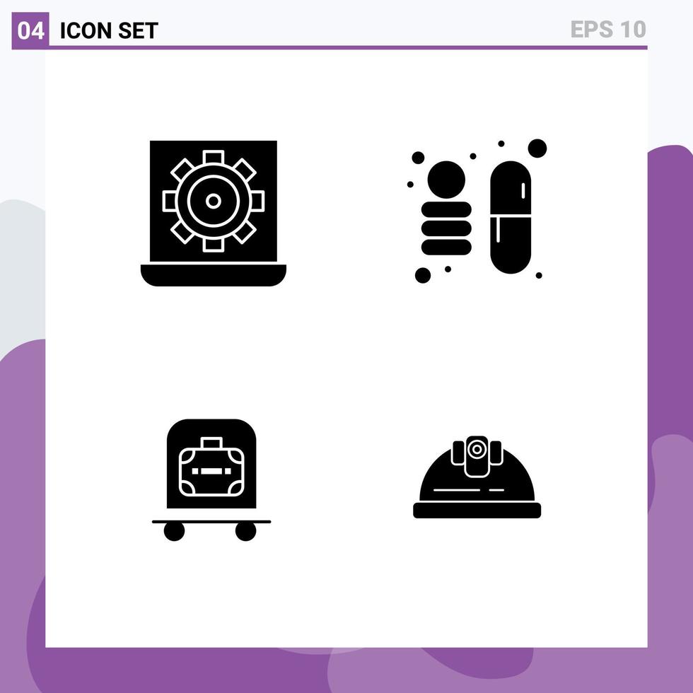 Set of 4 Commercial Solid Glyphs pack for computer luggage preference science bag Editable Vector Design Elements