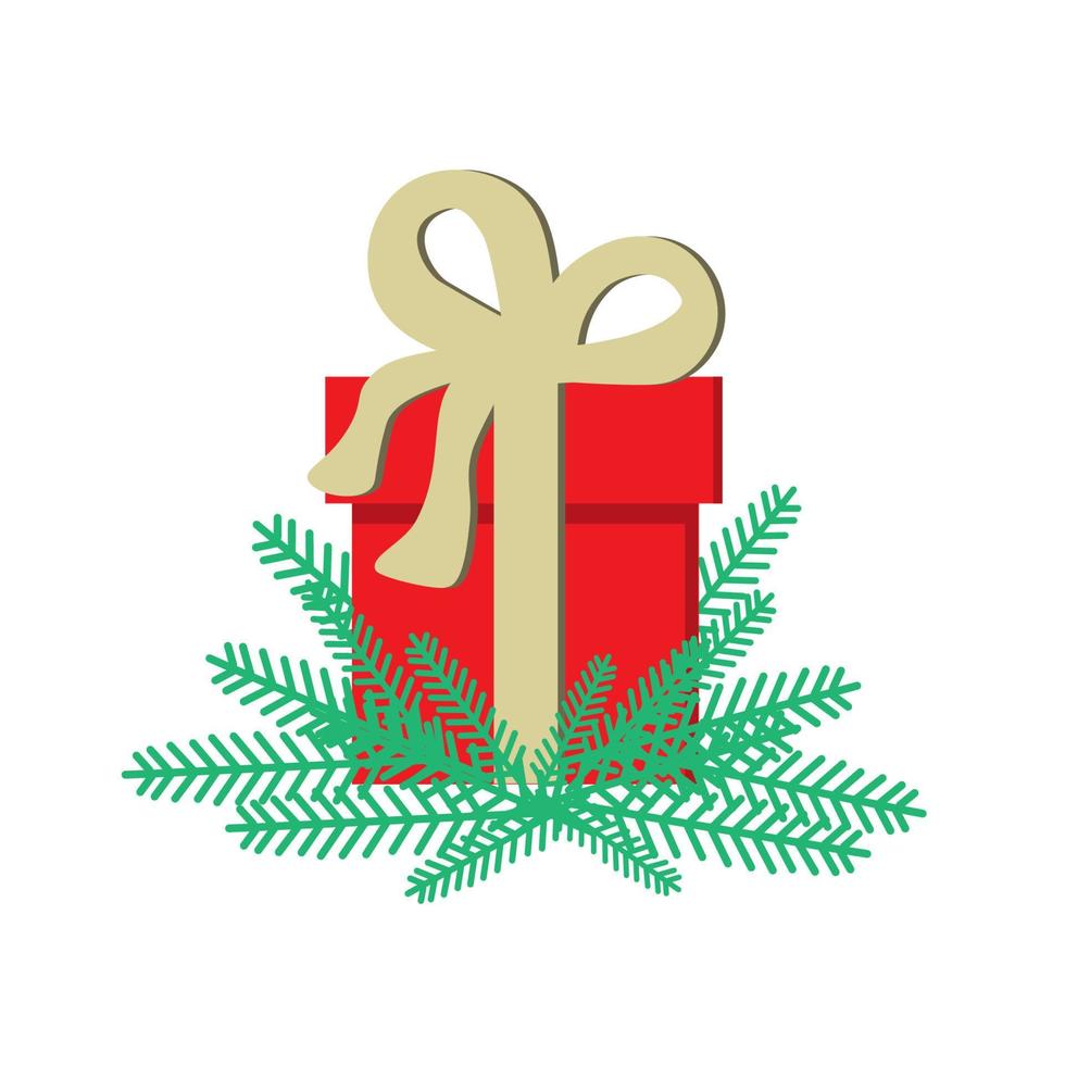 A red gift box stands in the branches of a Christmas tree. Christmas holiday. Vector illustration.