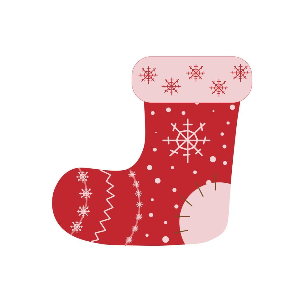 Christmas stocking in red with a pattern of snowflakes on a white background. Isolated. Christmas holiday. New Years holiday. Illustration. vector