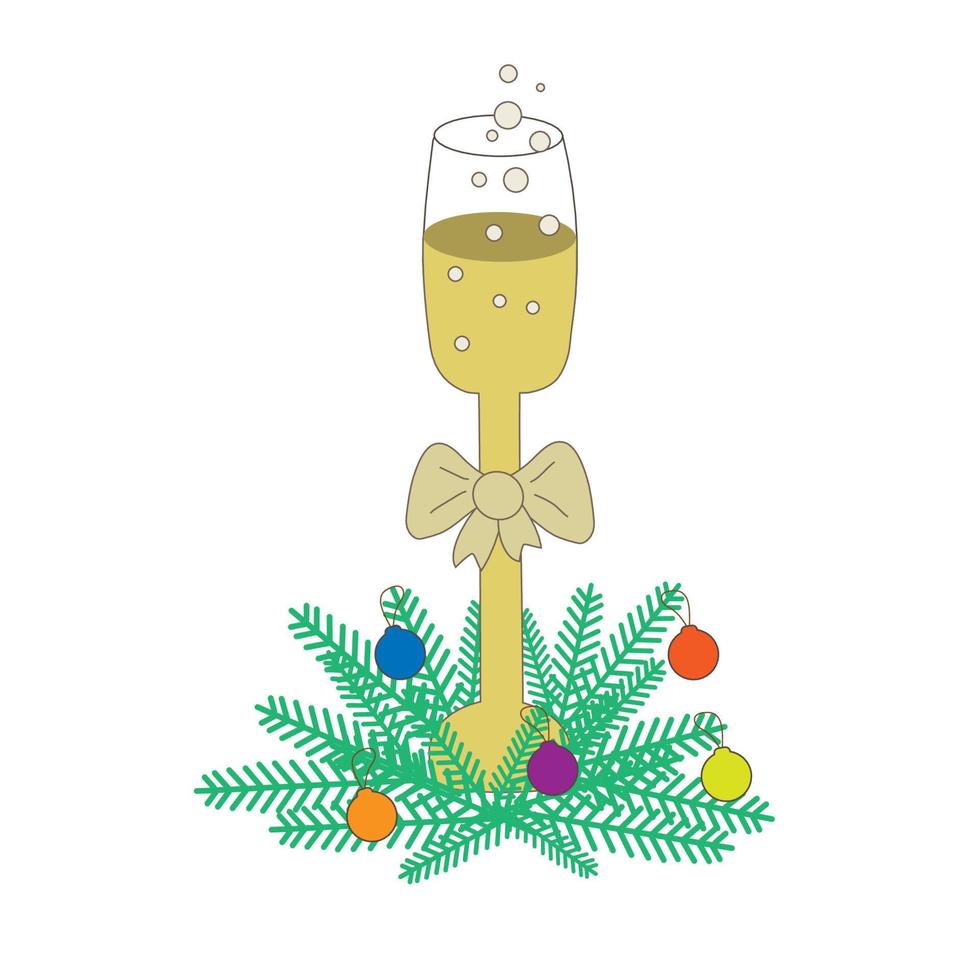 una copa de champán en las ramas de un árbol de navidad con juguetes de año nuevo. fiesta de la natividad de cristo. ilustración vectorial vector