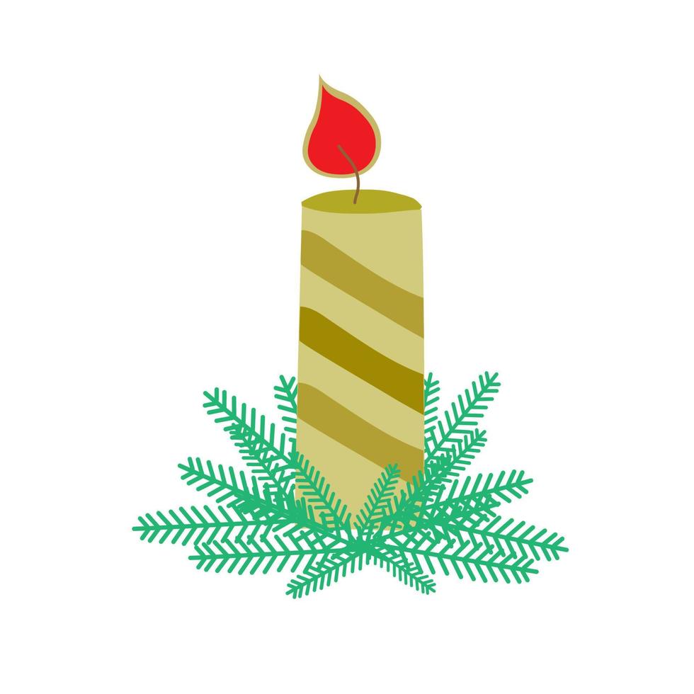 A burning golden candle stands in the branches of a Christmas tree. Christmas holiday. Vector illustration.