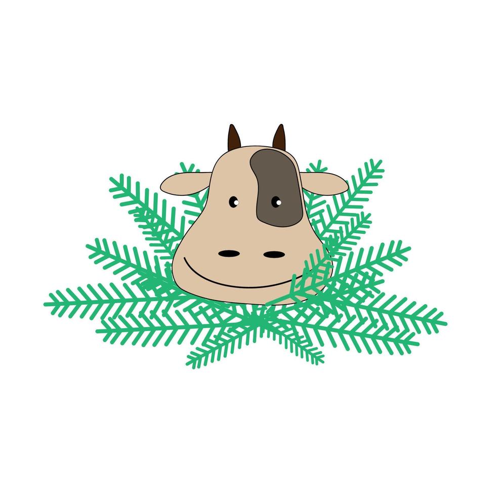 Christmas bull with a New Year tree. The symbol of the new year. Vector illustration.