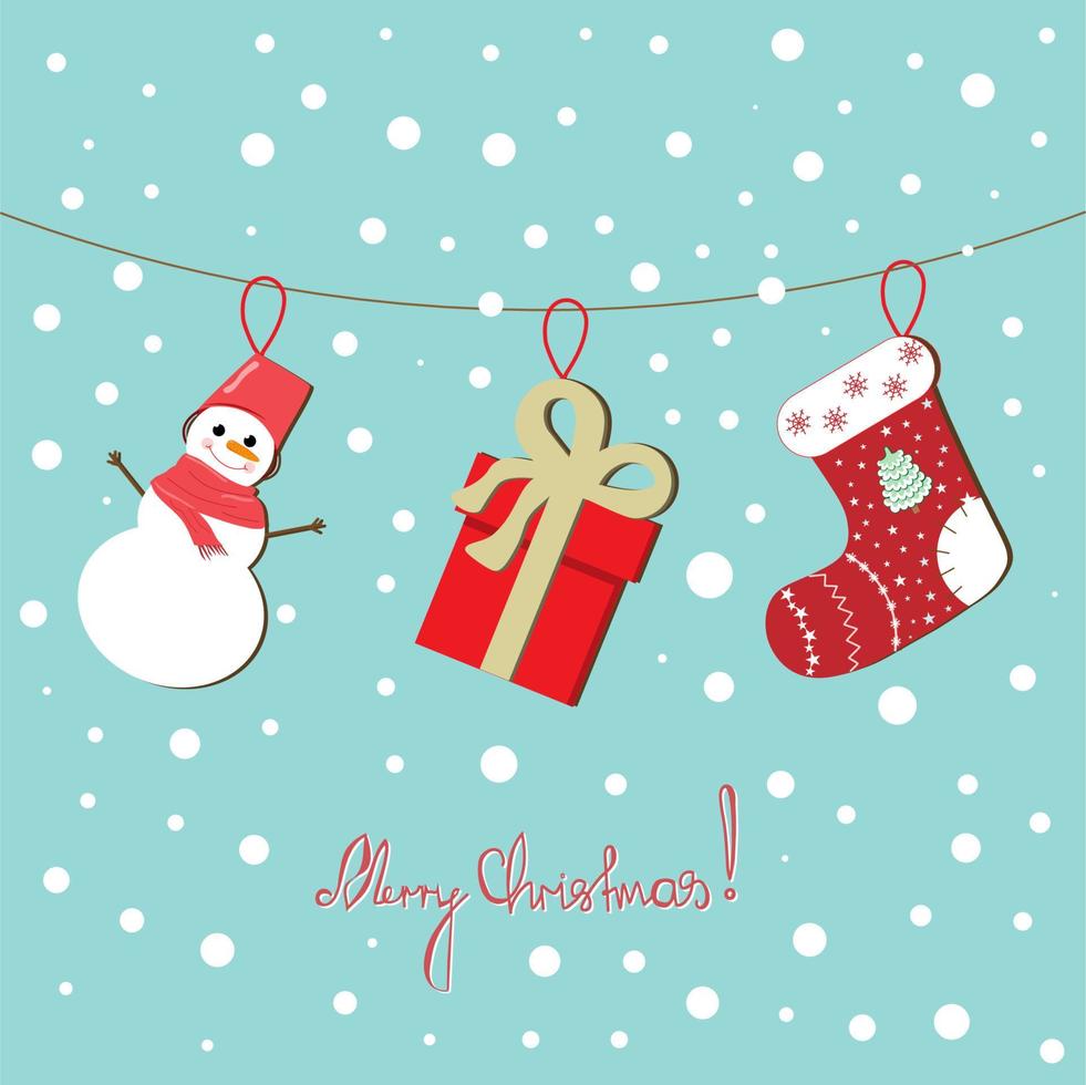 una postal que muestra adornos navideños en forma de calcetín, muñeco de nieve y una caja de regalo colgada de una cuerda. ilustración vectorial vector