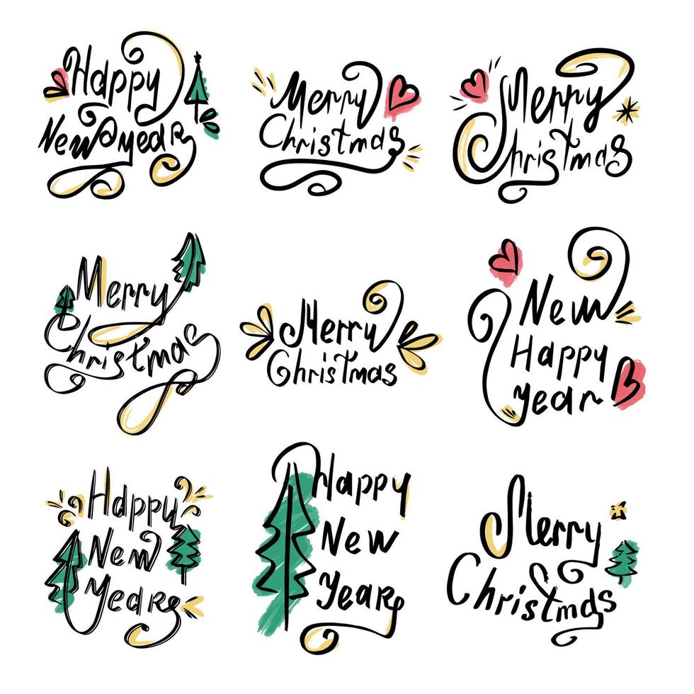 Set of calligraphic inscriptions. Happy New Year and Merry Christmas. Beautiful black font with swirls and colored elements. Design template for invitations, postcards, clothes. Isolated background. vector