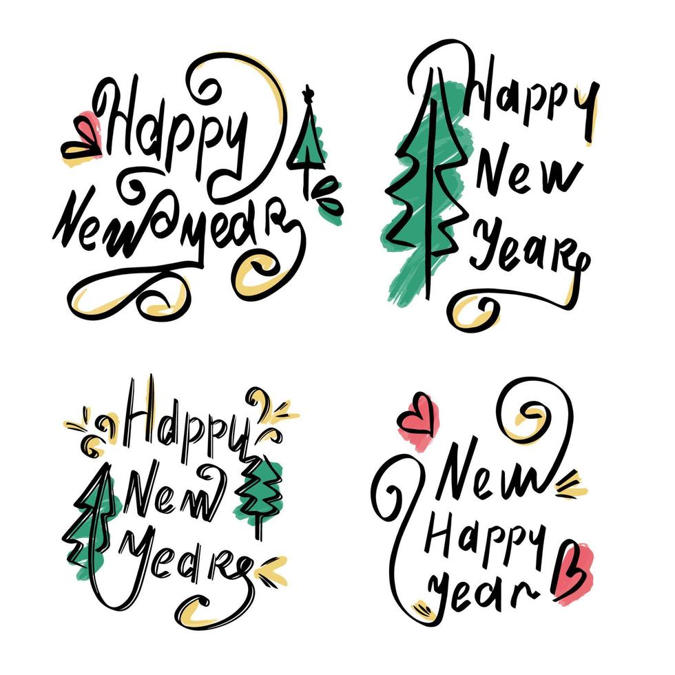 Set of calligraphic lettering Merry Christmas. Beautiful black font with swirls and colored elements. Design template for invitations, postcards, clothes. Isolated background. Vector