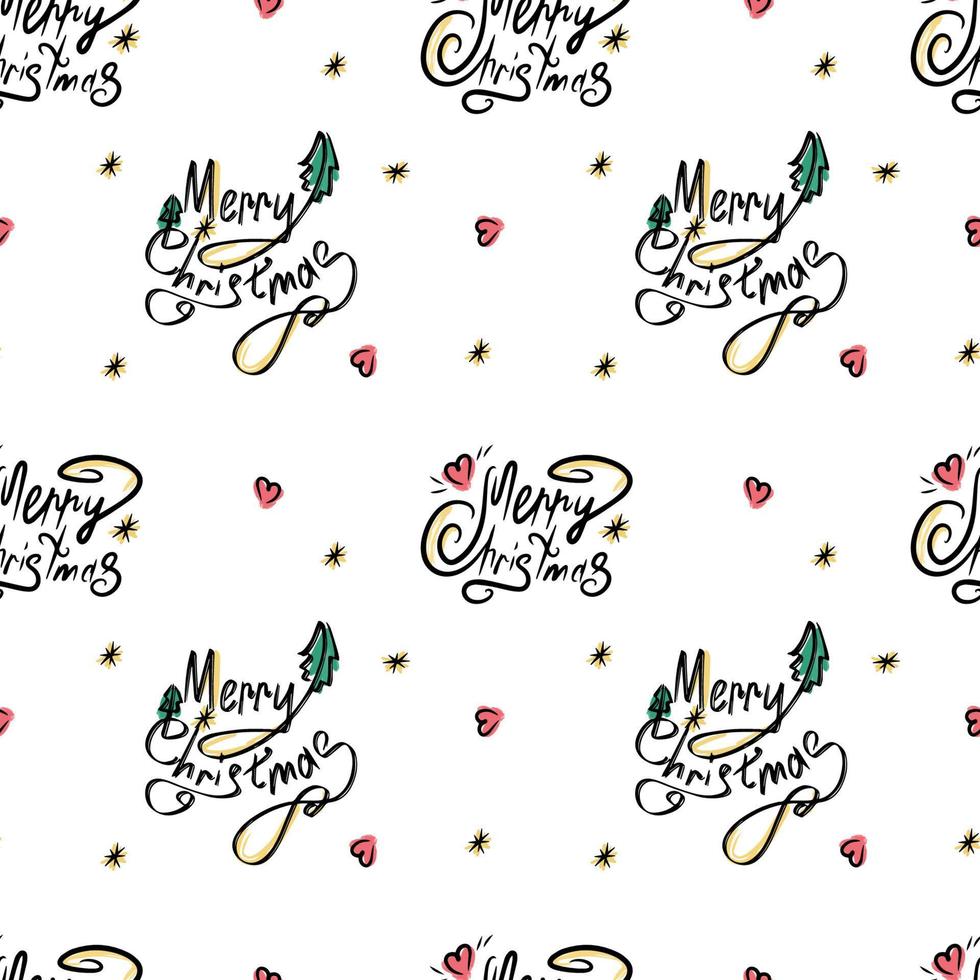 Merry christmas. Seamless illustration with calligraphic black lettering and colored elements. Textile, wrapping paper or background. Vector