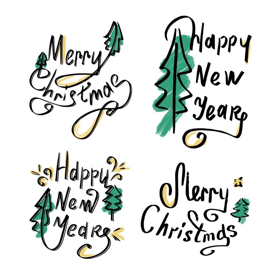 conjunto de inscripciones caligráficas. feliz Año Nuevo y feliz Navidad. hermosa fuente negra con remolinos y elementos de colores. plantilla de diseño para invitaciones, postales, ropa. fondo aislado. vector