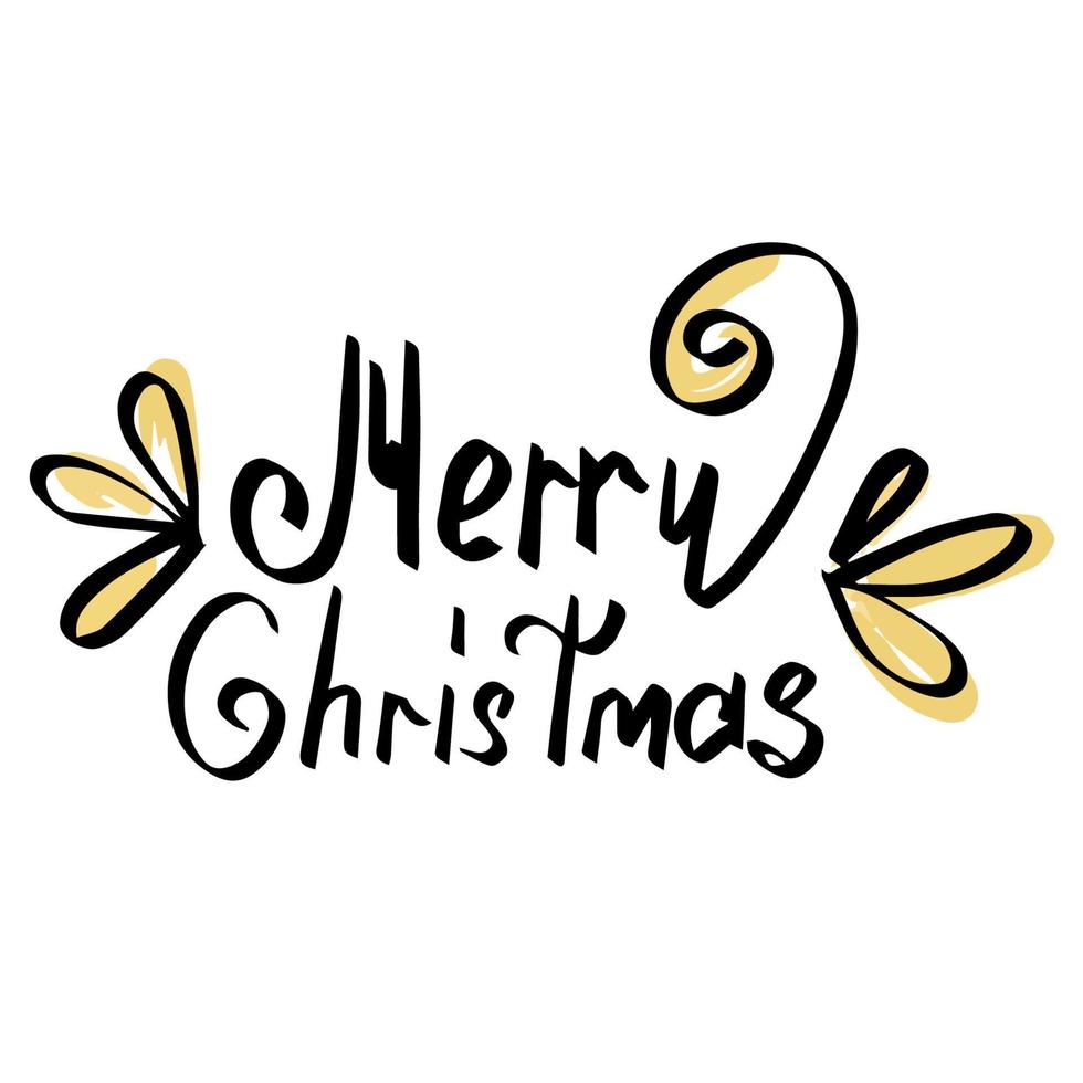 Merry christmas. Beautiful black inscription with swirls and colored elements. Design template for invitations, postcards, clothes. Isolated background. Vector