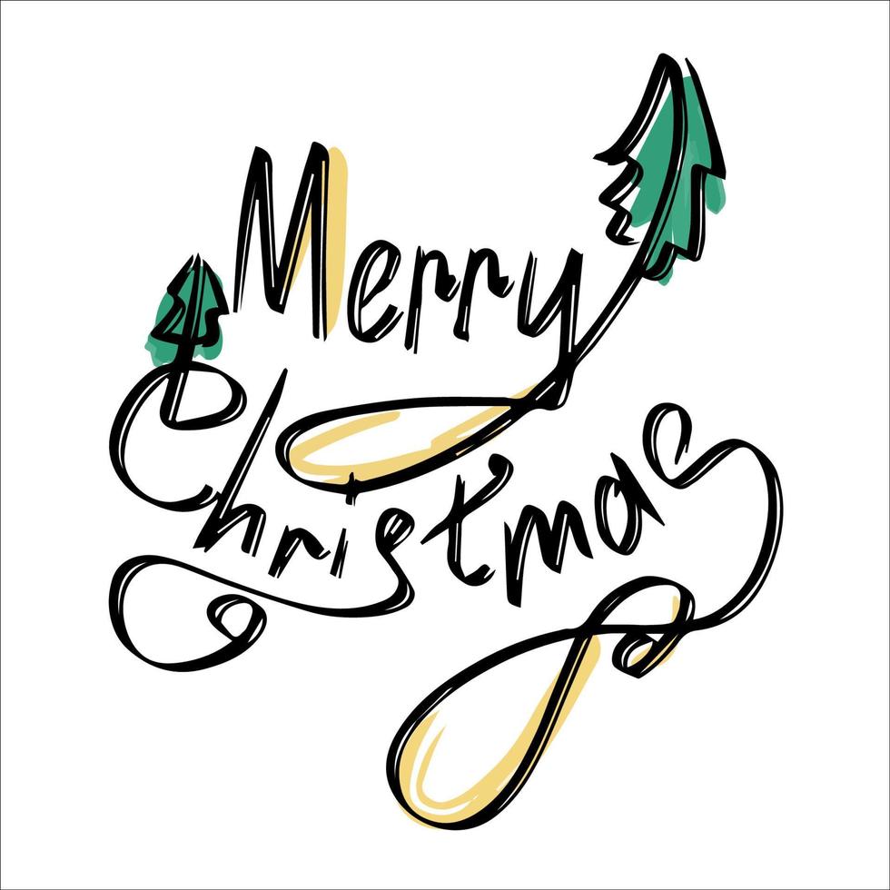 Merry christmas. Beautiful black inscription with curlicues and colored Christmas trees. Design template for invitations, postcards, clothes. Isolated background. Vector