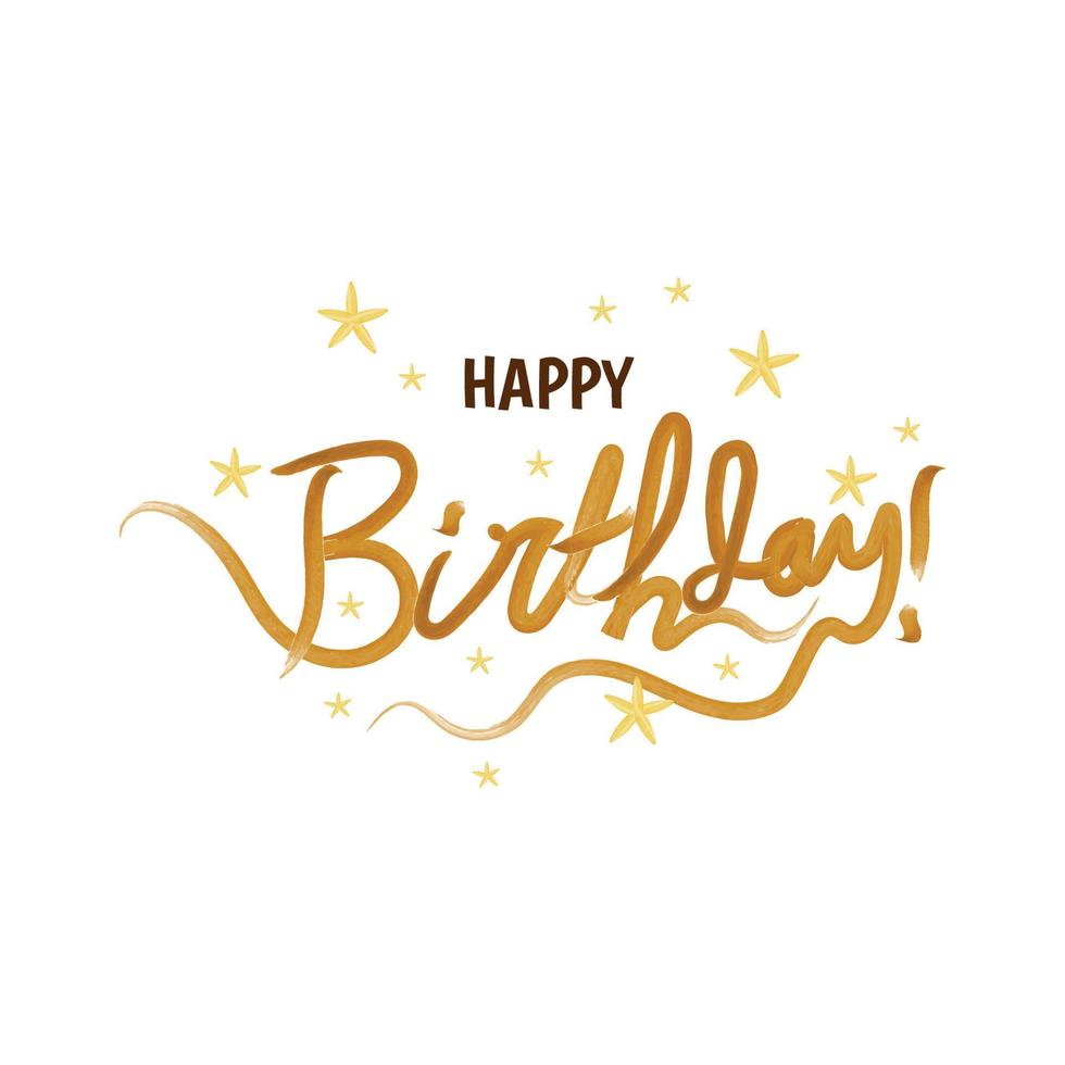 feliz cumpleaños.hermosa tarjeta de felicitación pincel caligrafía texto amarillo palabra estrellas doradas. diseño de impresión de camiseta de invitación dibujada a mano. pincel moderno escrito a mano con letras de fondo blanco aislado vector