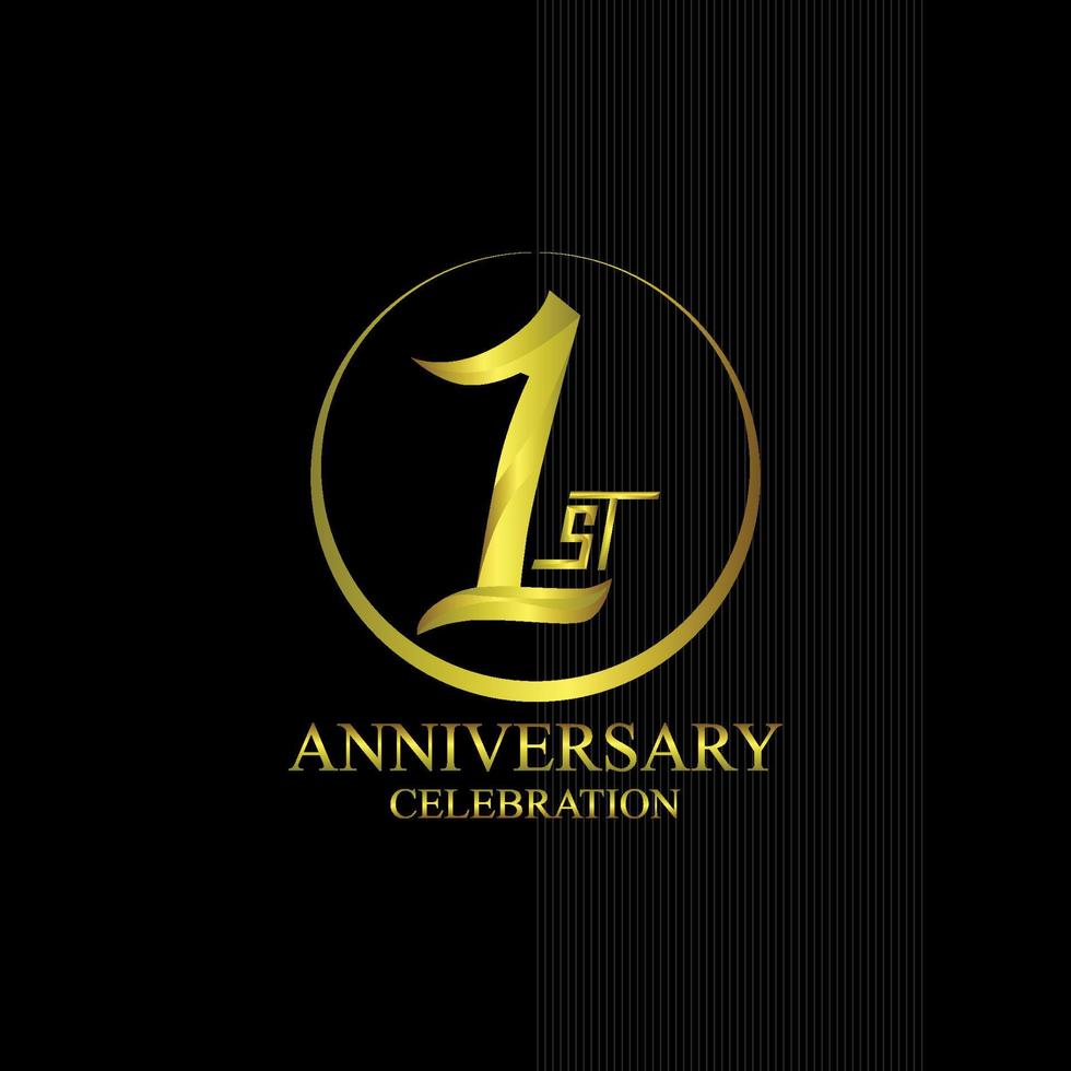 1st anniversary logo with golden ring, sparkle, vector design for greeting card and invitation card