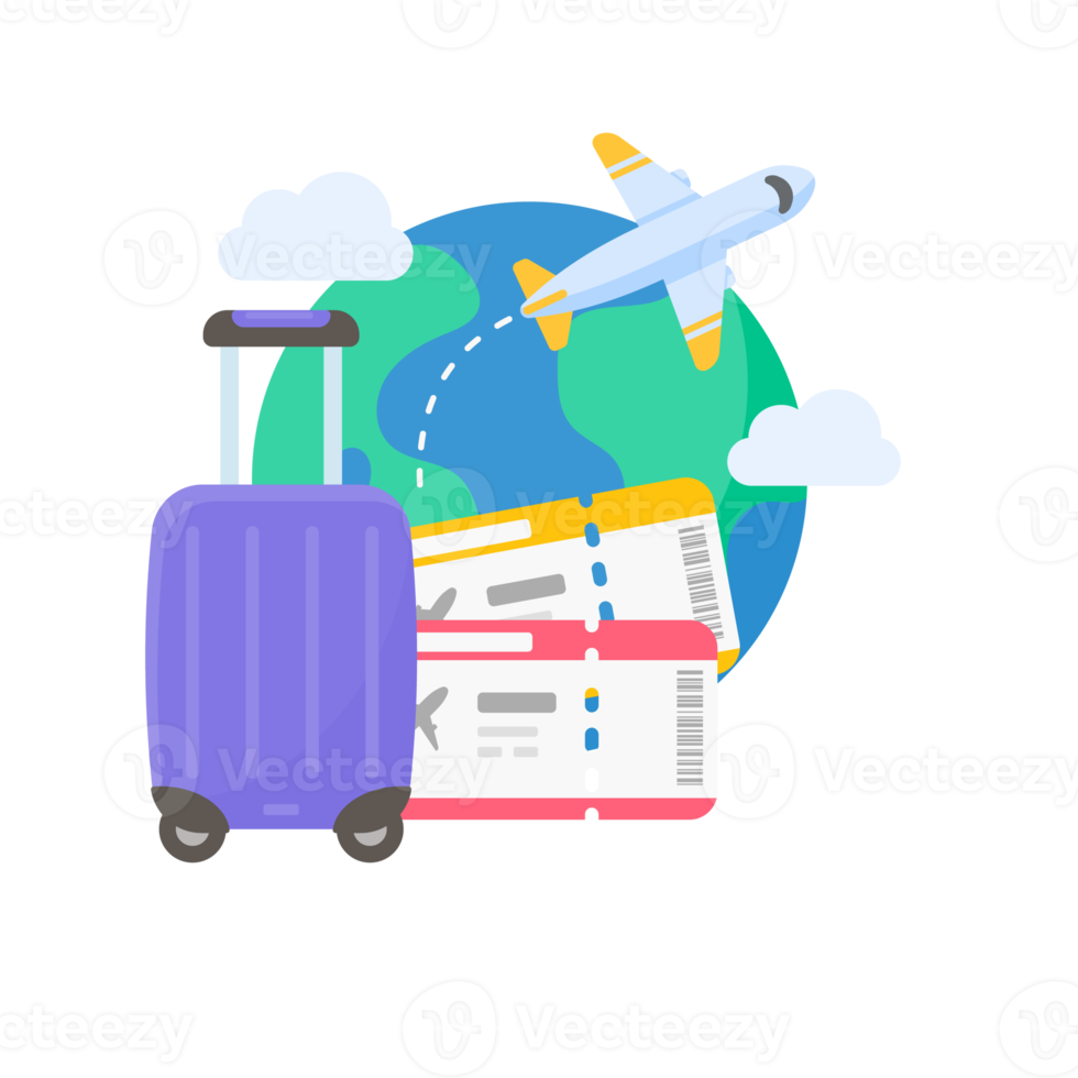 världskartan är fäst för att planera resor med internationella flygbolag. med bagage och flygbiljetter png
