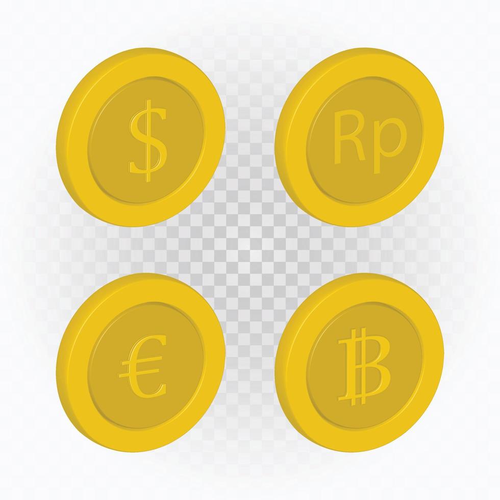 moneda realista, usd, rupia, eoro, bitcoin clip art vector con fondo aislado.