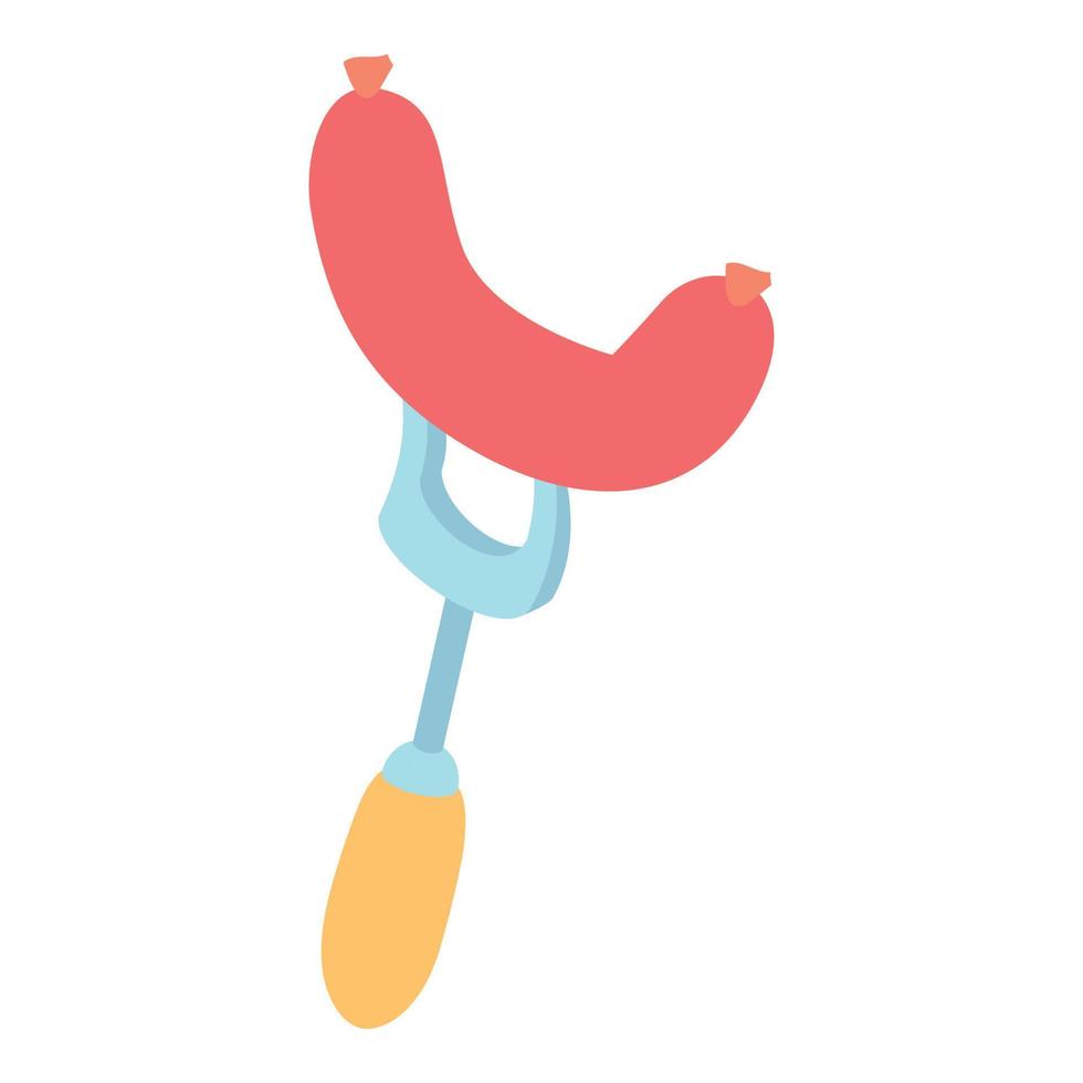 Sausage on a fork icon, cartoon style vector