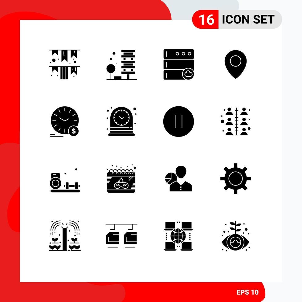 Group of 16 Modern Solid Glyphs Set for dollar time environment pin location Editable Vector Design Elements