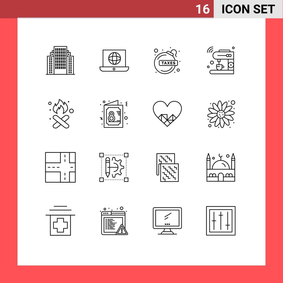 Set of 16 Vector Outlines on Grid for burn machine bomb iot coffee Editable Vector Design Elements
