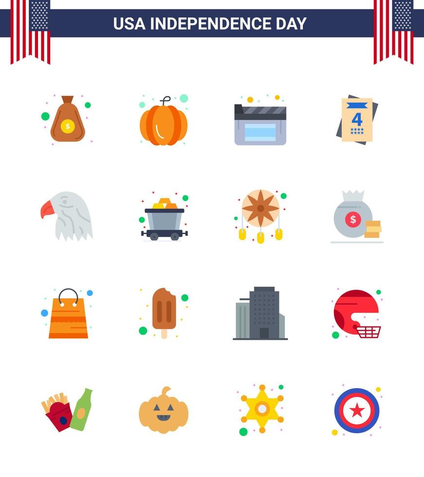 USA Independence Day Flat Set of 16 USA Pictograms of cart eagle movies bird wedding Editable USA Day Vector Design Elements