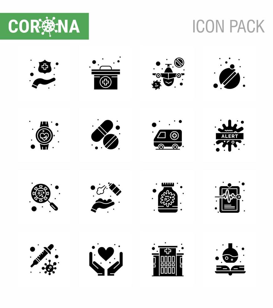 16 Solid Glyph Black Set of corona virus epidemic icons such as medical beat prohibit care pills viral coronavirus 2019nov disease Vector Design Elements