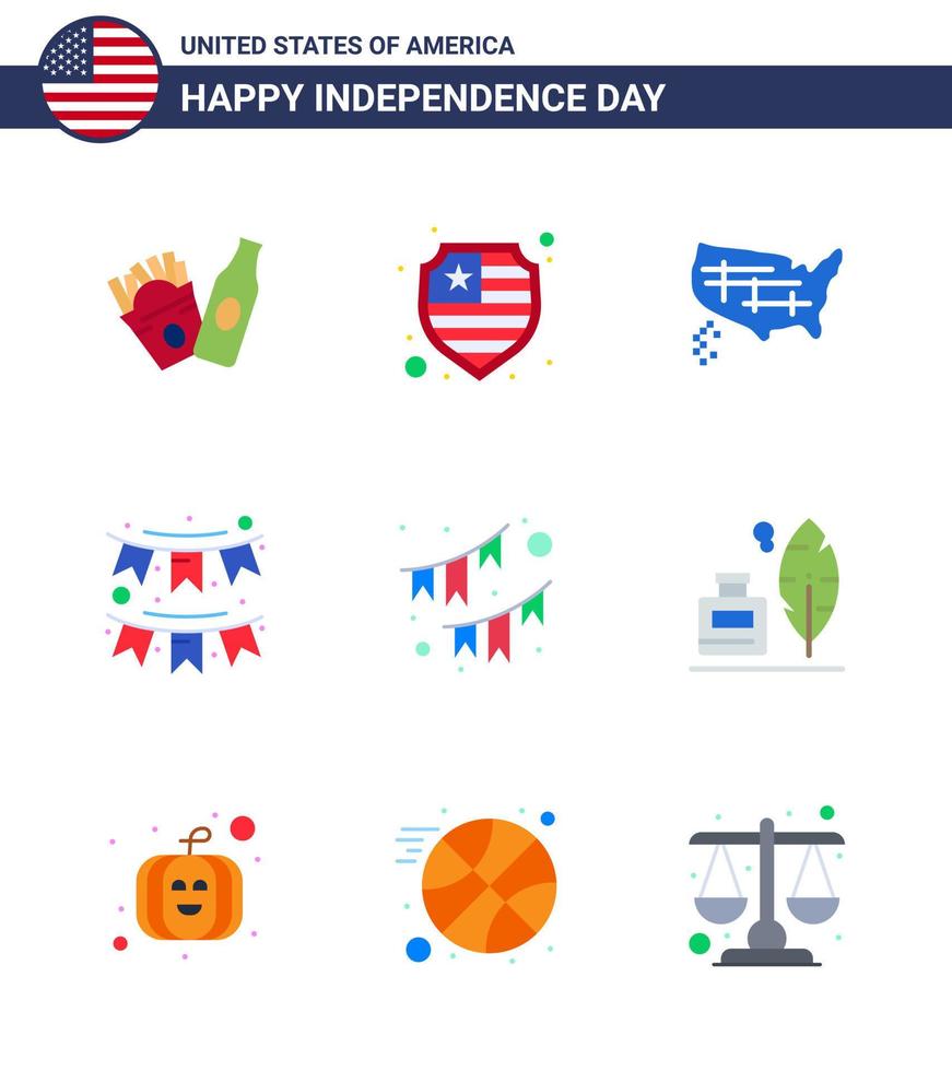 Flat Pack of 9 USA Independence Day Symbols of ink bottle adobe united garland decoration Editable USA Day Vector Design Elements