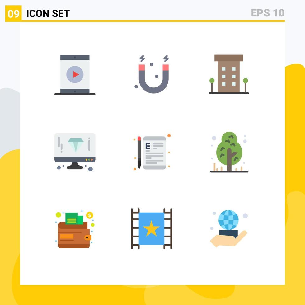 Mobile Interface Flat Color Set of 9 Pictograms of online computer buildings diamond store Editable Vector Design Elements