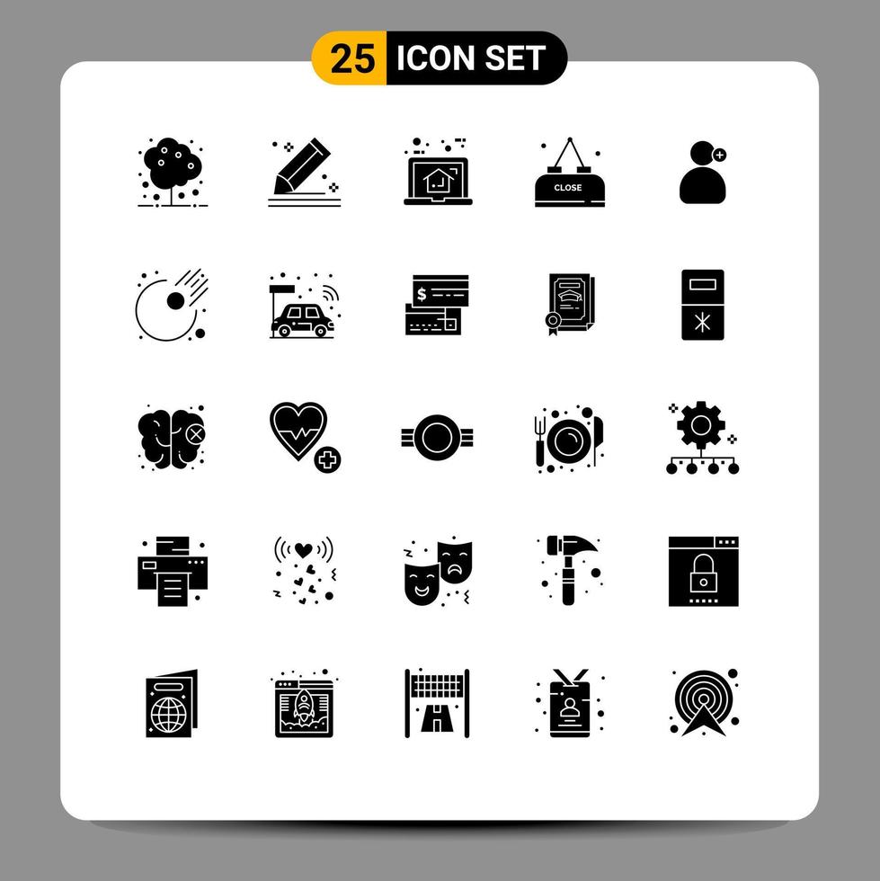Pack of 25 creative Solid Glyphs of close food stationery drink plan Editable Vector Design Elements