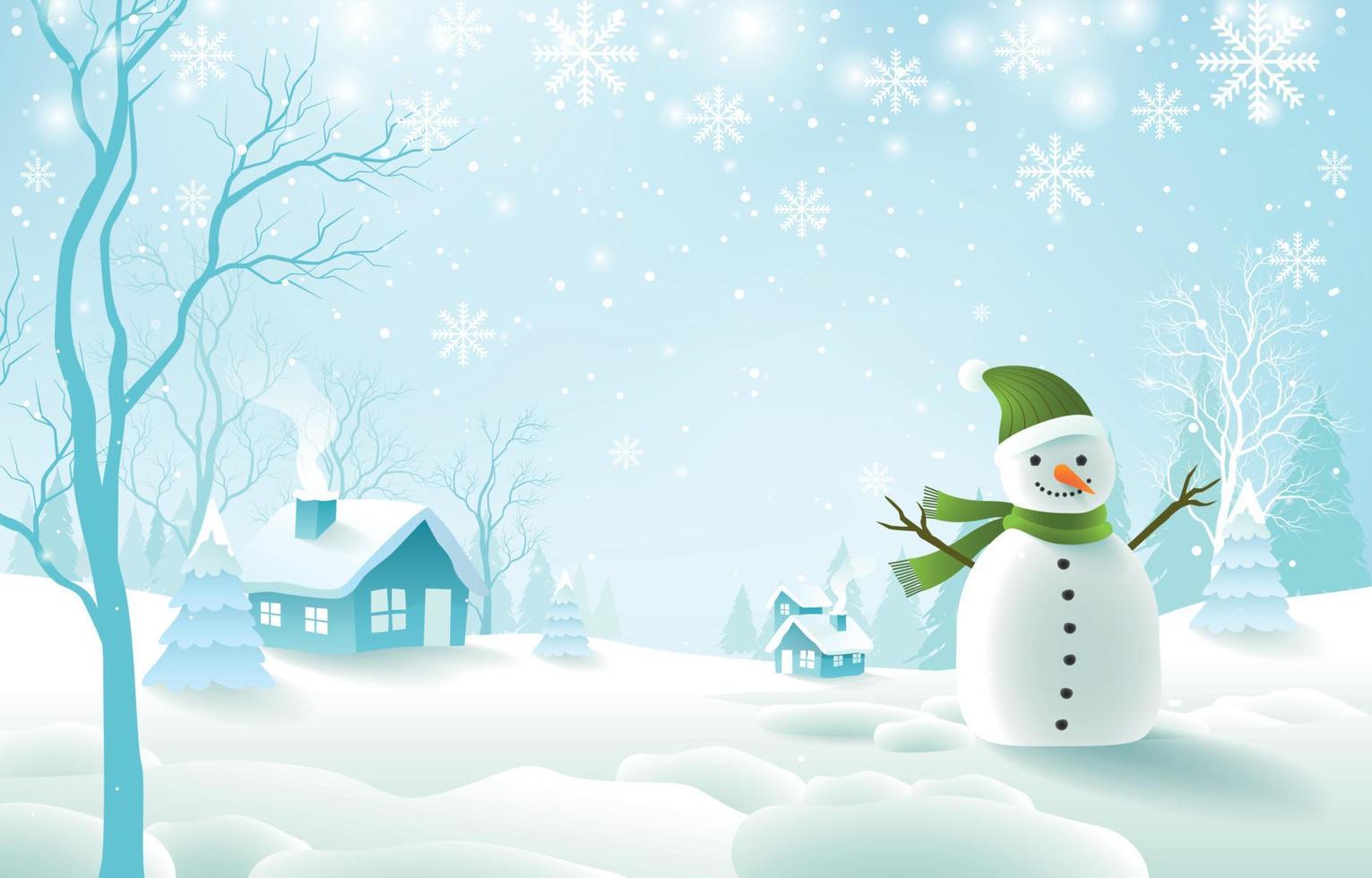 White Christmas Landscape Background With Snowman vector