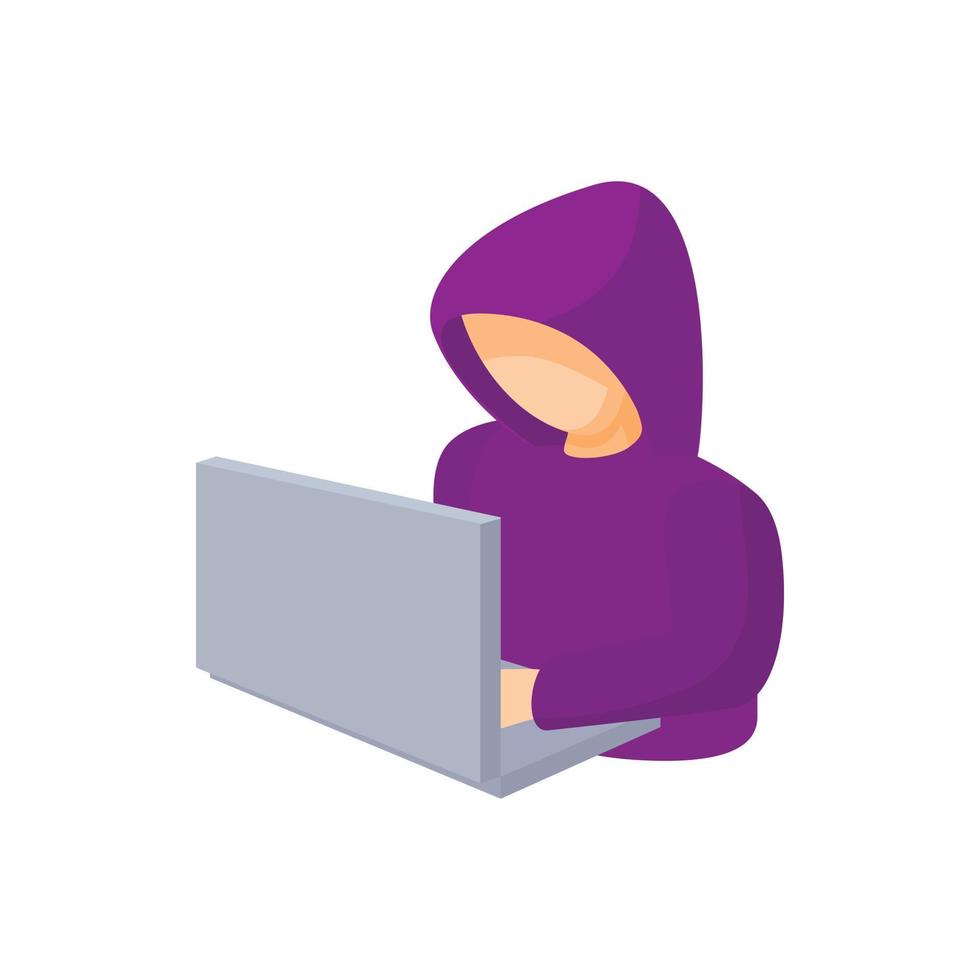Hooded computer hacker with laptop icon vector