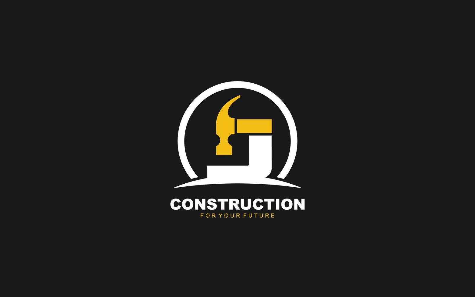 J logo construction vector for woodworking company. initial letter hammer template vector illustration for your brand.