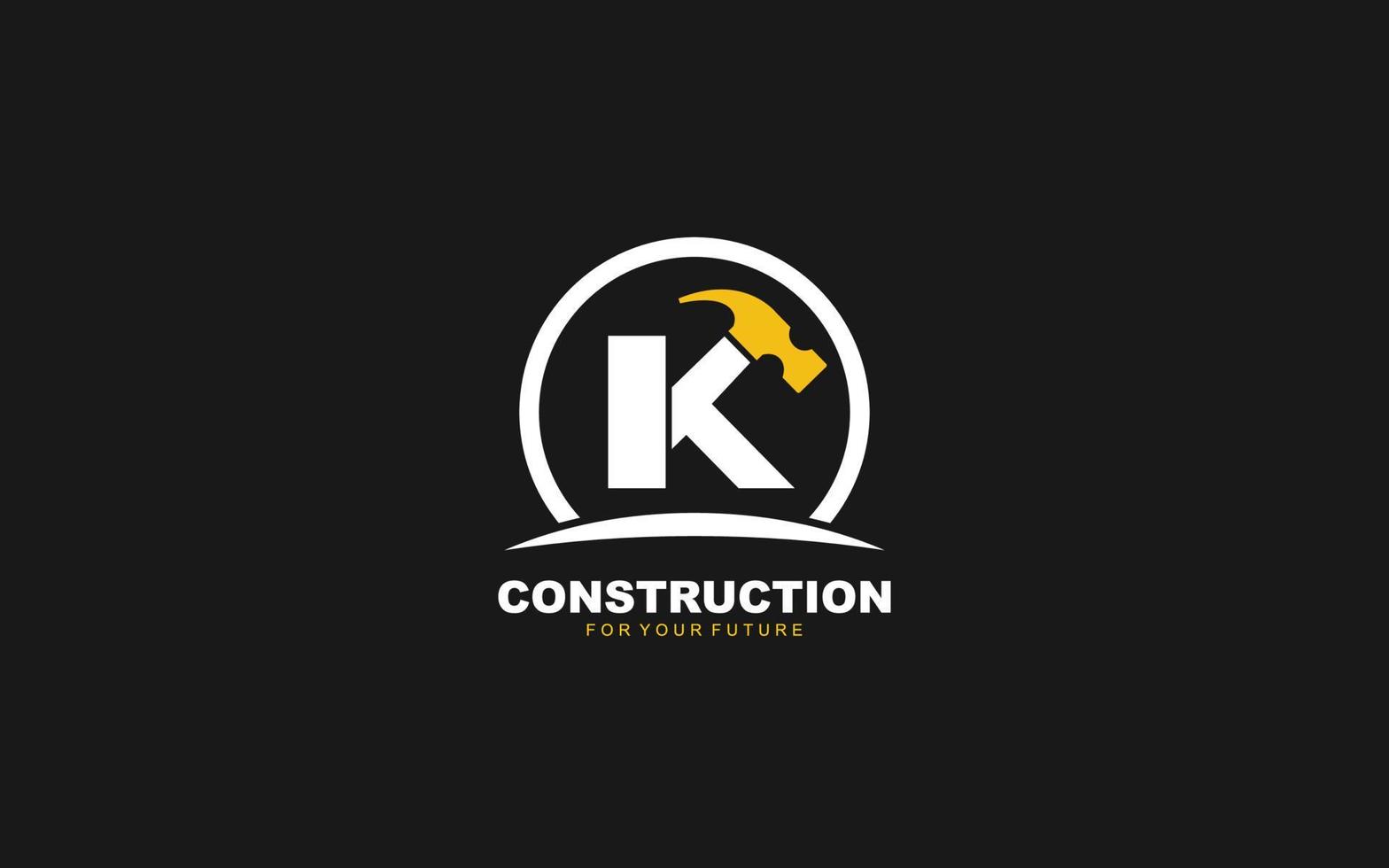 K logo construction vector for woodworking company. initial letter hammer template vector illustration for your brand.