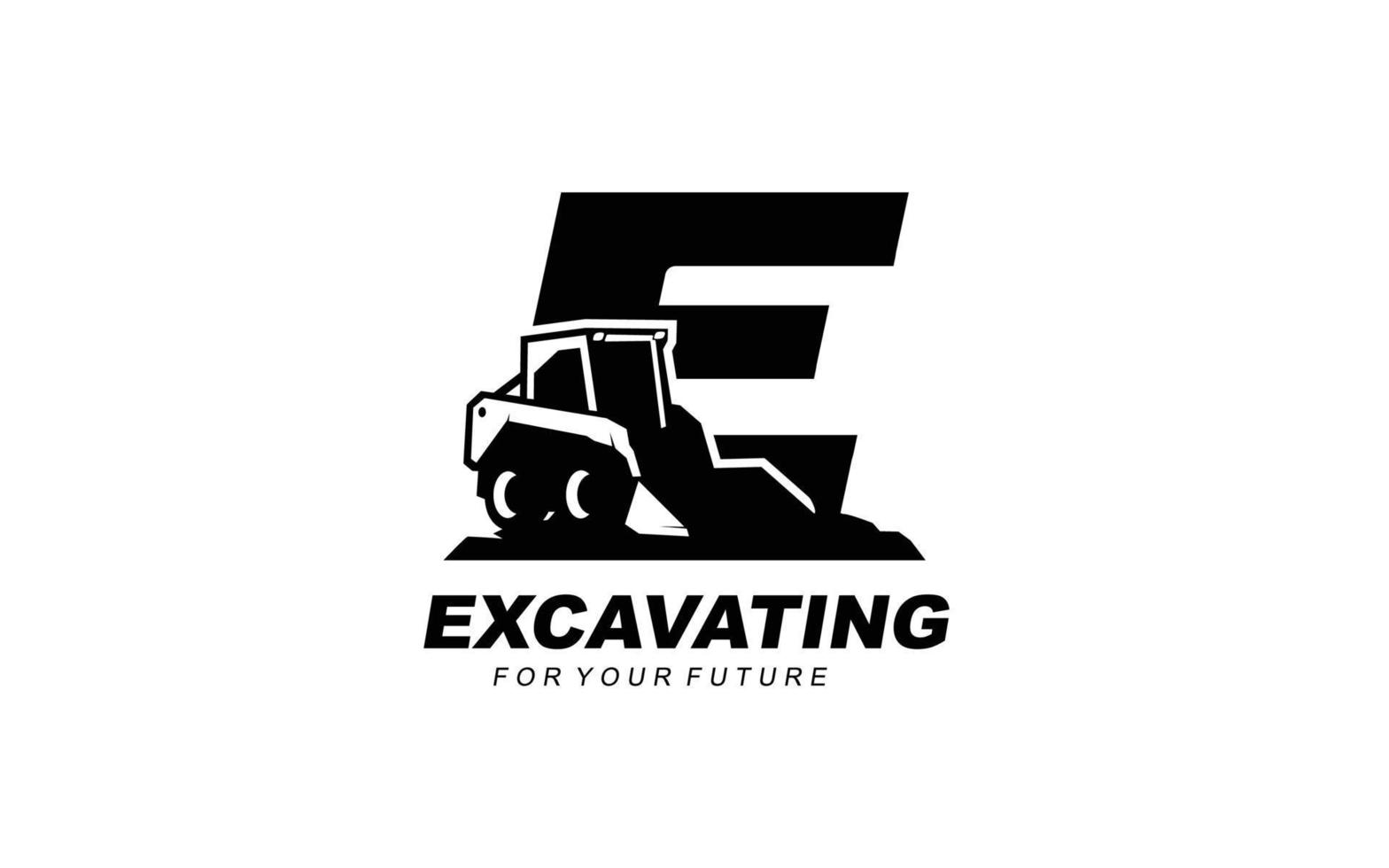 E logo excavator for construction company. Heavy equipment template vector illustration for your brand.