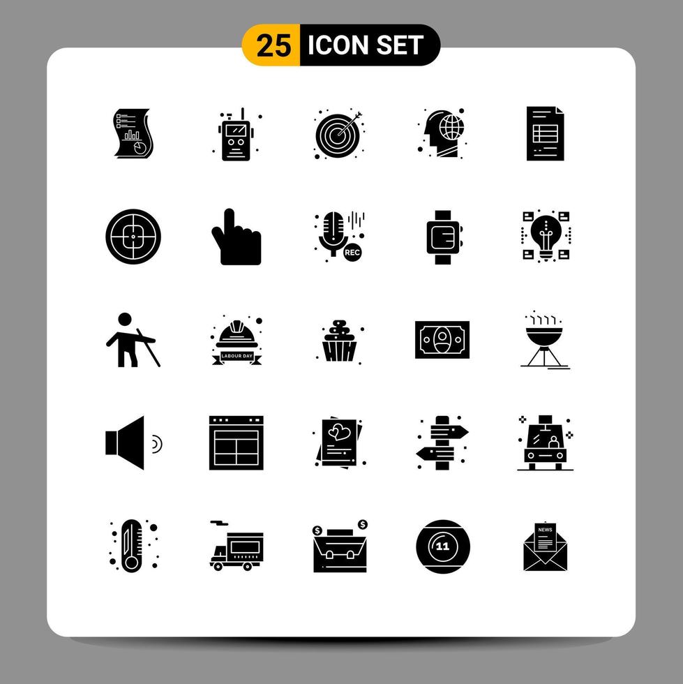 Pack of 25 creative Solid Glyphs of head earth radio transceiver success goal Editable Vector Design Elements