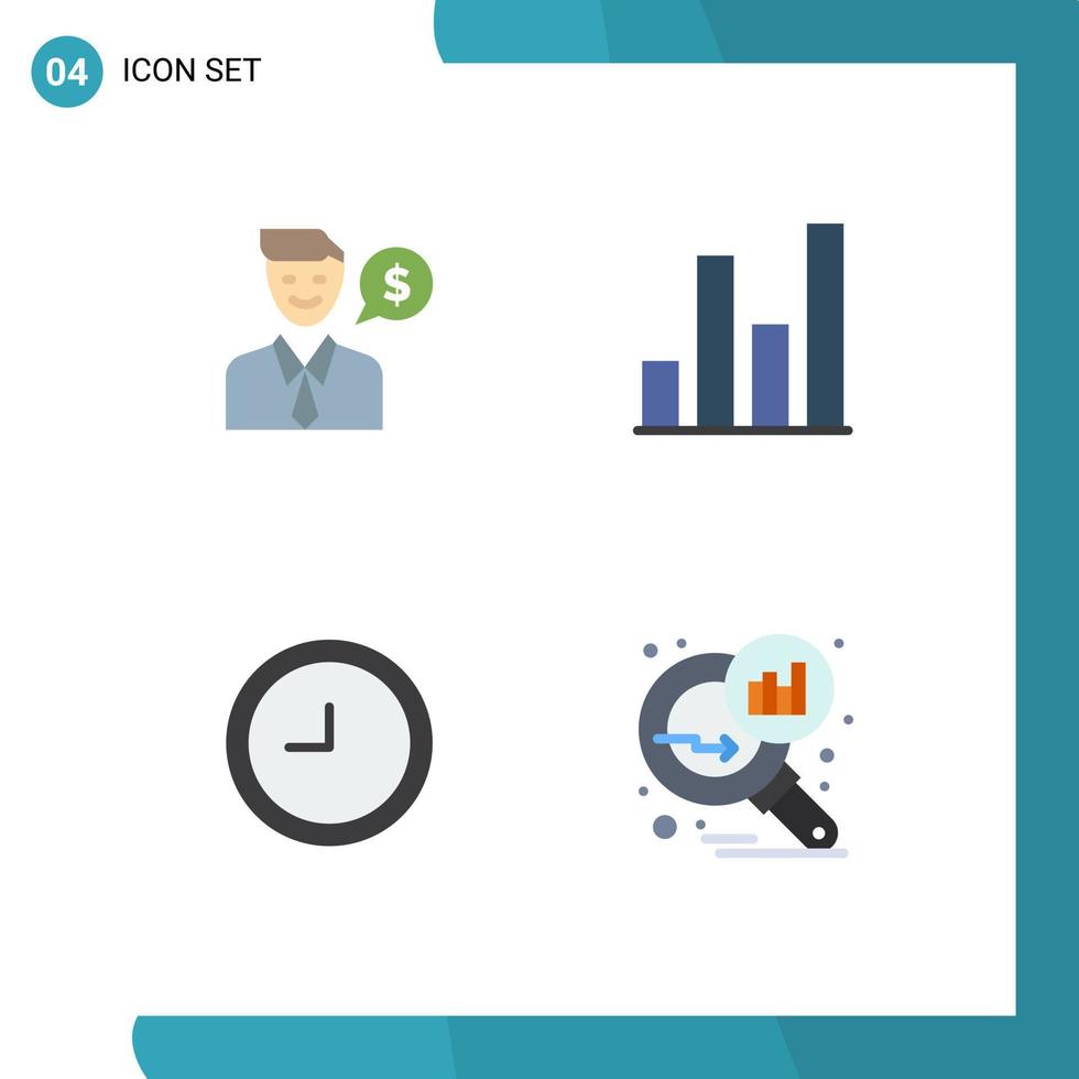 Modern Set of 4 Flat Icons and symbols such as man data analyzing dollar graph graph magnifying Editable Vector Design Elements
