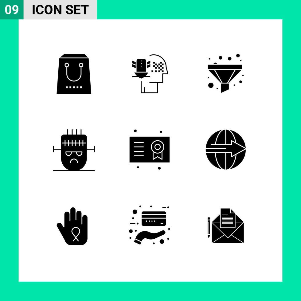 Pack of 9 Modern Solid Glyphs Signs and Symbols for Web Print Media such as award mask security halloween frankenstein Editable Vector Design Elements