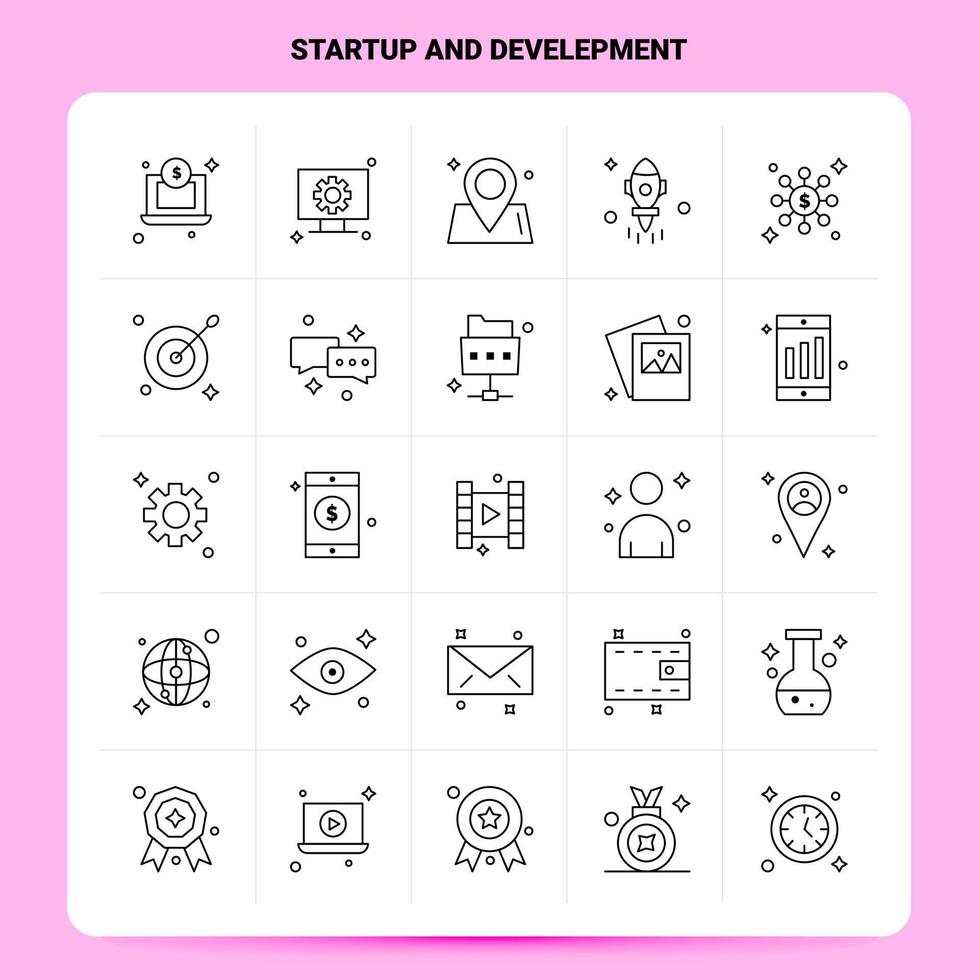 OutLine 25 Startup And Develepment Icon set Vector Line Style Design Black Icons Set Linear pictogram pack Web and Mobile Business ideas design Vector Illustration