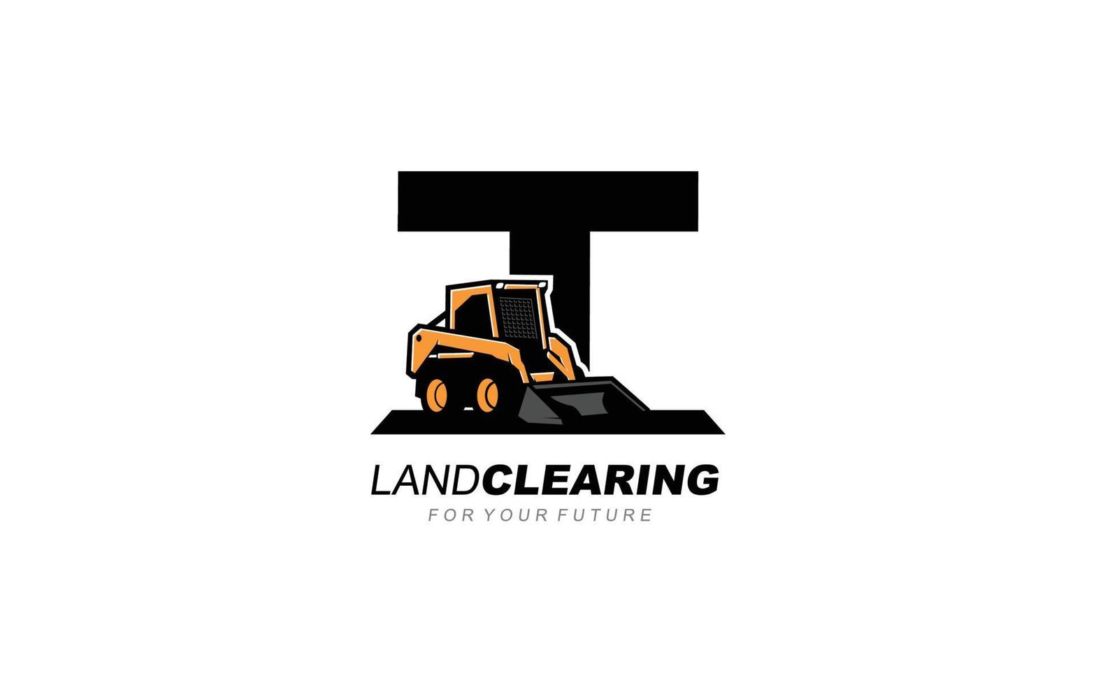 T logo excavator for construction company. Heavy equipment template vector illustration for your brand.