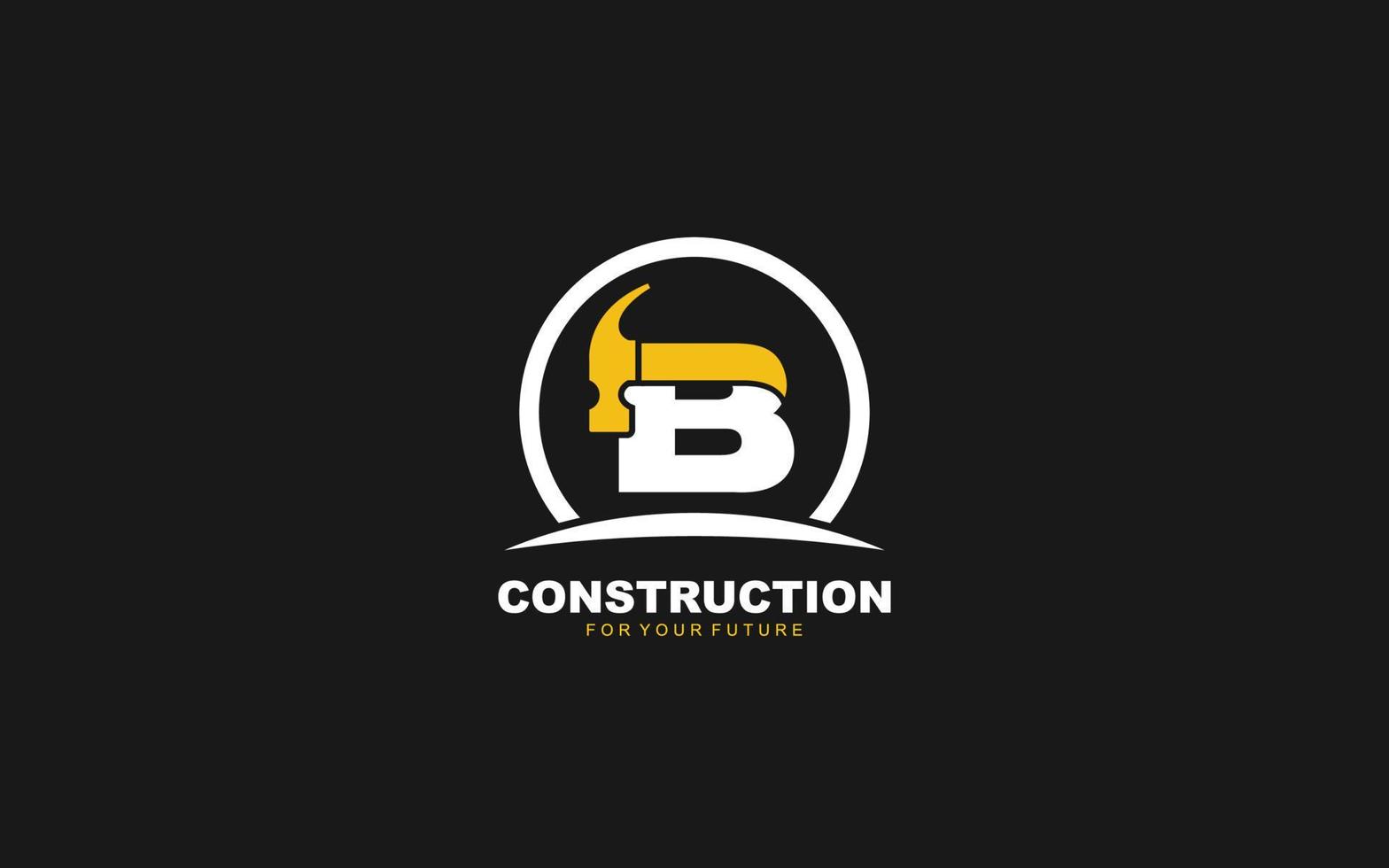 B logo construction vector for woodworking company. initial letter hammer template vector illustration for your brand.