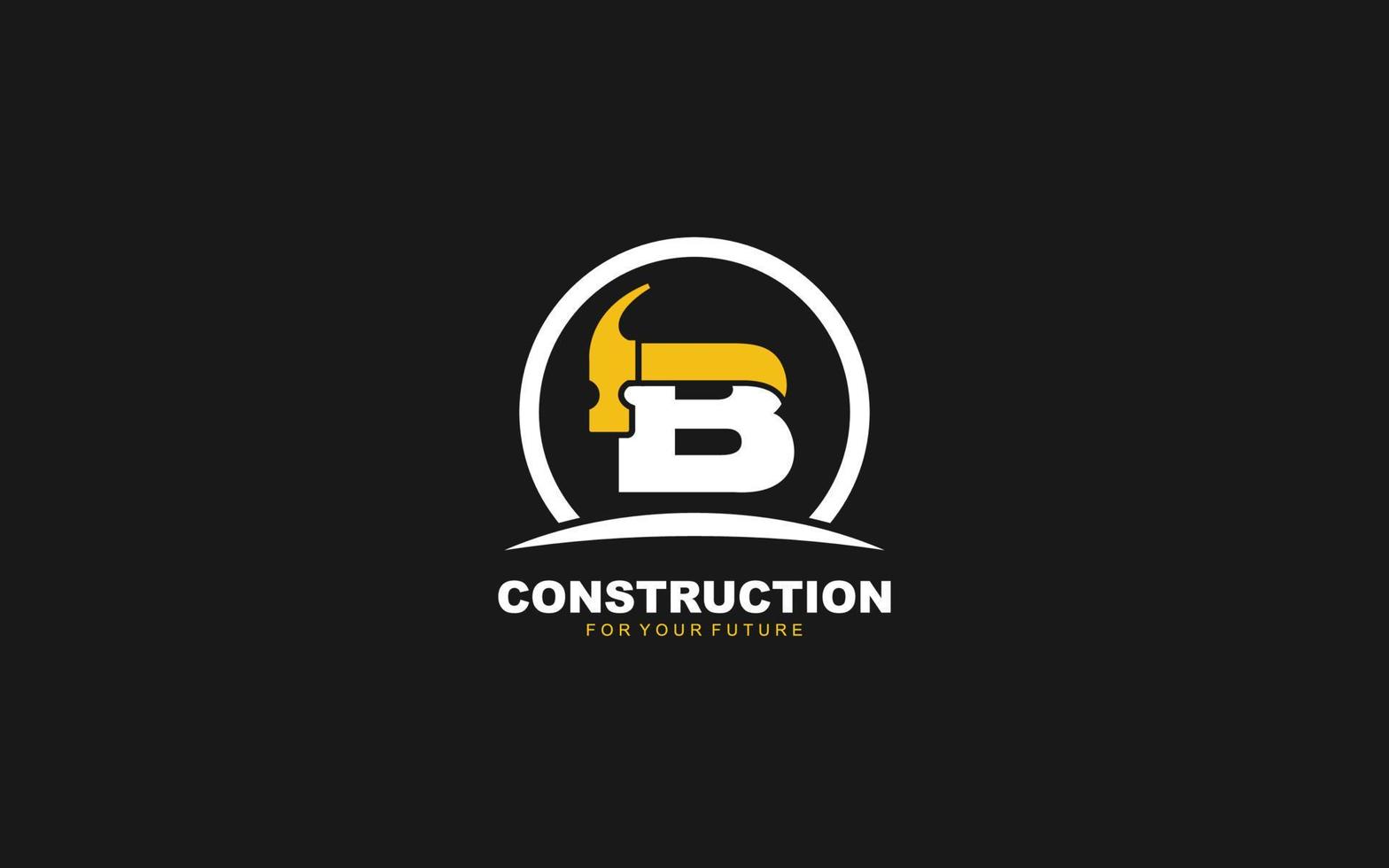 B logo construction vector for woodworking company. initial letter hammer template vector illustration for your brand.