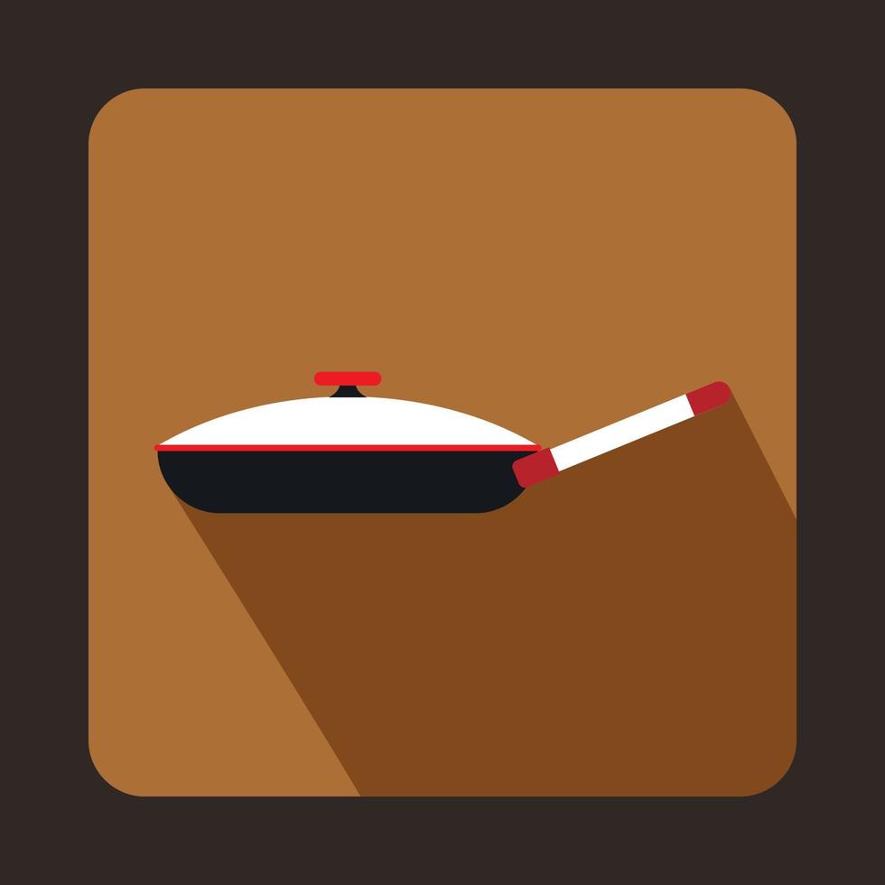 Black frying pan with white lid icon, flat style vector