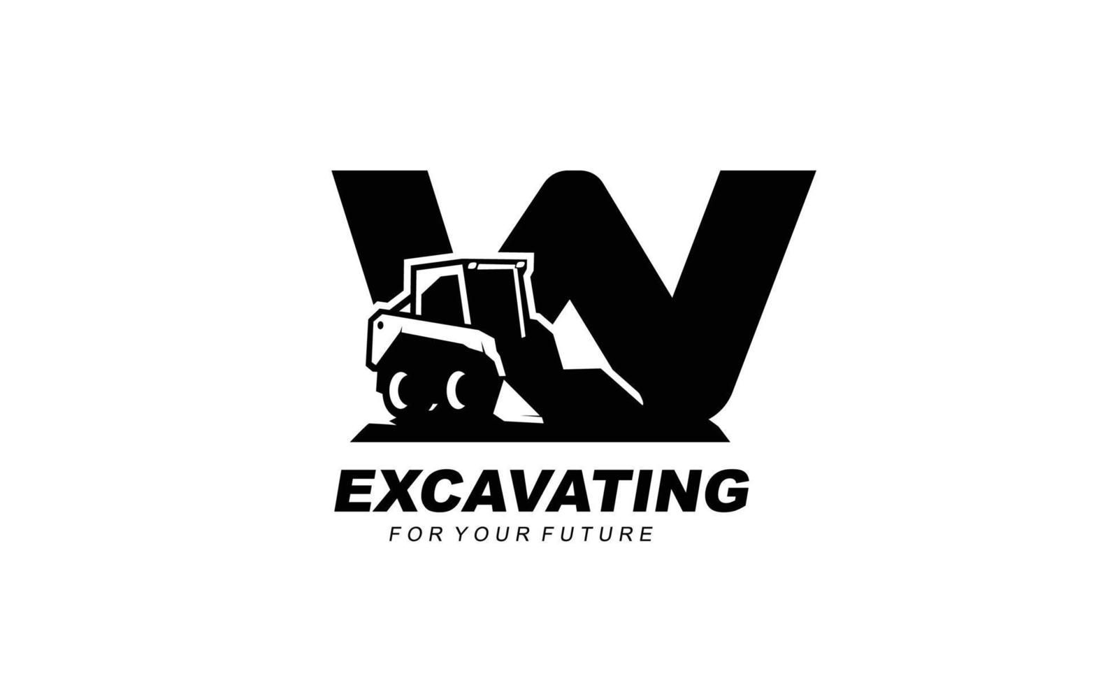 W logo excavator for construction company. Heavy equipment template vector illustration for your brand.