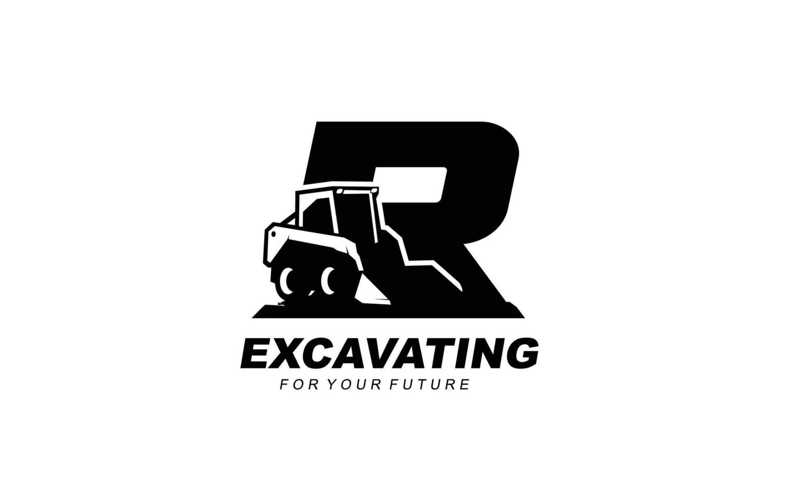 R logo excavator for construction company. Heavy equipment template vector illustration for your brand.