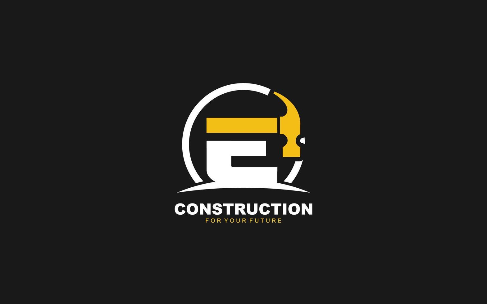 E logo construction vector for woodworking company. initial letter hammer template vector illustration for your brand.